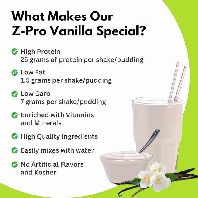 R-Kane Nutritionals Z-Pro Vanilla Protein Drink Mix - High Protein, Low Calorie Low Fat Shake and Pudding Mix - Meal Replacement, On-the-Go Packets - Breakfast Boost - 25g Protein - 14 Packets