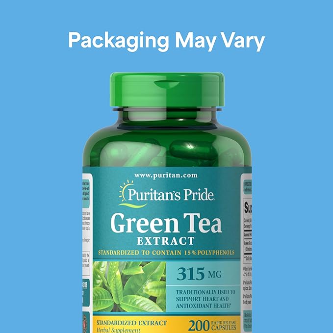 Puritan's Pride Green Tea Standardized Extract 315mg, Dietary Herbal Supplement for Antioxidant Health Support, EGCG, 3 Month Supply, 200 Rapid Release Capsules