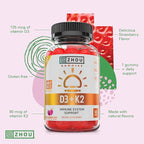 Zhou D3+K2 - Vitamin D3 K2 Supplement for Women & Men, Immune Support Vit D3 and K2 Gummy, Gelatin Free Formula with 5000 IU of D3 and MK-7 - 60 Veggie Gummies (Pack of 1)