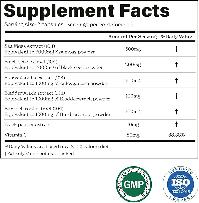 3000mg Iris Sea Moss, 2000mg Black Seed Oil, 1000mg Ashwagandha, 1000mg Burdrock Root, 1000 mg Bladderwrack with Black Pepper & Vitamin C |Vitality & Energy Support | All-in-one supplement| Pack of 2