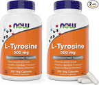 NOW Foods L-Tyrosine 500mg, 300 Capsules (Pack of 2) - Non GMO Supplement - 500 mg Caps - Free Form Ltyrosine