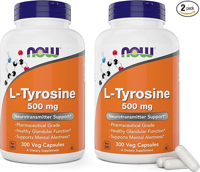 NOW Foods L-Tyrosine 500mg, 300 Capsules (Pack of 2) - Non GMO Supplement - 500 mg Caps - Free Form Ltyrosine