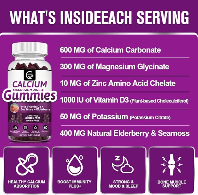Calcium Magnesium Zinc Gummies with High Absorption Magnesium Glycinate 300mg, Potassium - Plant Complex Calcium Magnesium 2:1 Ratio, with D3 Sea Moss for Bone, Immune & Sleep Support, Vegan-2 Pack