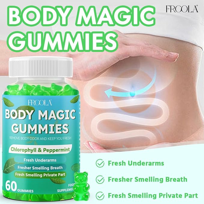 Body Magic Gummies, Chlorophyll Supplement with Peppermint & Chlorella - 60 Gummies, Lychee Flavor, Plant-Based Pectin, Supports Overall Wellness & Freshness