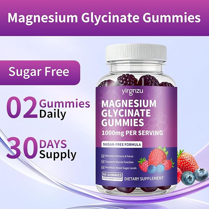 Magnesium Glycinate Gummies 1000mg, Sugar Free Magnesium Potassium Supplement with Vitamin D, B6, CoQ10 for Sleep Support, Stress & Muscle Relief - 120 Mixed Berry Flavored Gummies