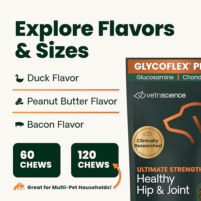VetriScience Ultimate Strength Healthy Hip & Joint Chews, GlycoFlex Glucosamine, Chondroitin & GreenLipped Mussel Support Supplement for Dogs, Soothe Joint Discomfort, Duck,120 Ct (Pack of 2)
