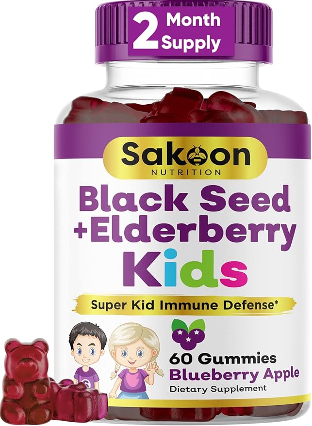 Sakoon nutrition Elderberry & Black Seed Oil Gummies for Kids, Immune Support, with Vitamin C and Zinc, Delicious Berry Flavor, 60 Gummies