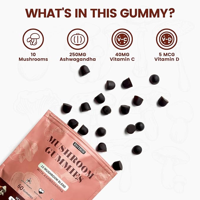 Lions Mane Mushroom Gummies with Ashwagandha, 4000mg 10-Mushroom Complex & 250mg Ashwagandha, Cognitive Support, Mood, Brain Health & Memory, Energy, Reishi, Cordyceps, Turkey Tail, Chaga, 60 Count