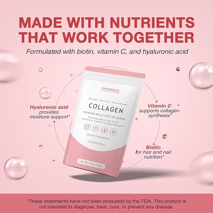 Multi-Type Collagen Powder (Watermelon) – Types I, II, III, V & X for Skin, Hair, Nail & Joint Support – Multi Collagen Supplement With Biotin, Vitamin C & Hyaluronic Acid – Grass-Fed, Non-GMO