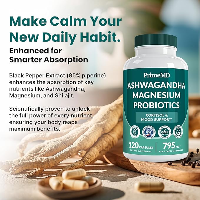 5-in-1 Cortisol Supplement for Women and Men with Ashwagandha for Calmness, Focus, and Adrenal Support Supplements with Shilajit Extract, Magnesium Glycinate, Probiotics (120 ct) (Pack of 1)