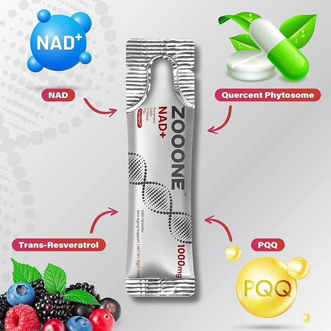 zooone NAD+ 1000mg Liquid Packets Supplement - Premium Nicotinamide Riboside & Resveratrol for Cellular Energy,Advanced NAD Booster for Men & Women (60 Pocket)