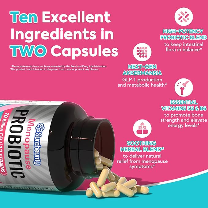 Menopause Probiotic Supplement for Women, 70 Billion CFU, with Akkermansia Muciniphila, Vitamins B6 & D3, Botanicals, for Hormone Balance, Hot Flashes, Night Sweats, Gut Health, 60 Capsules