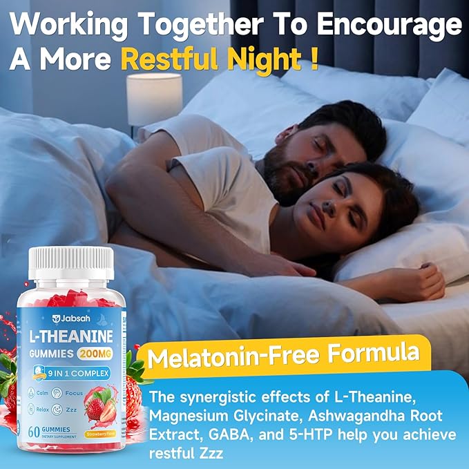 L-Theanine Gummies for Kids & Adults, L Theanine Supplement with Magnesium Glycinate, Ashwagandha, GABA, 5HTP for Calm, Relax, Zzz & Focus Support, Vegan Strawberry Flavor, 120 Count