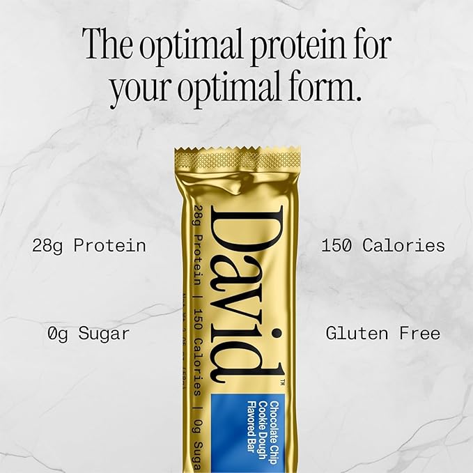 David Protein Bar, Chocolate Chip Cookie Dough and Peanut Butter Chocolate Chunk - 28g of Protein, 150 Calories, 0g of Sugar - High Protein, Low Carb, Gluten Free Protein Bar, Pack of 24