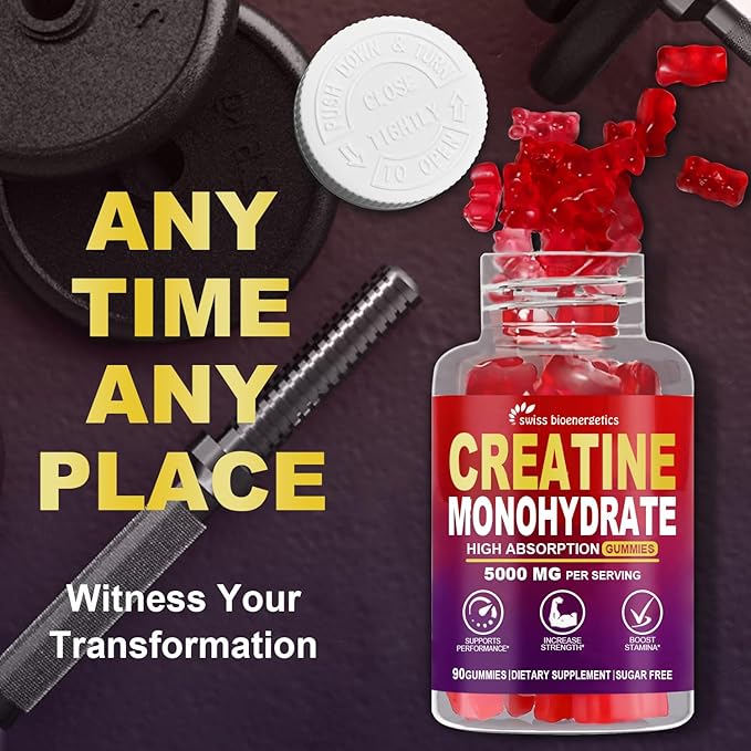 Creatine Monohydrate Gummies Infused with 5g Creatine for Men and Women, Chewable Creatine Monohydrate for Muscle Strength, Muscle Builder, Energy Boost, Pre-Workout Supplement- 90 Raspberry Gummies