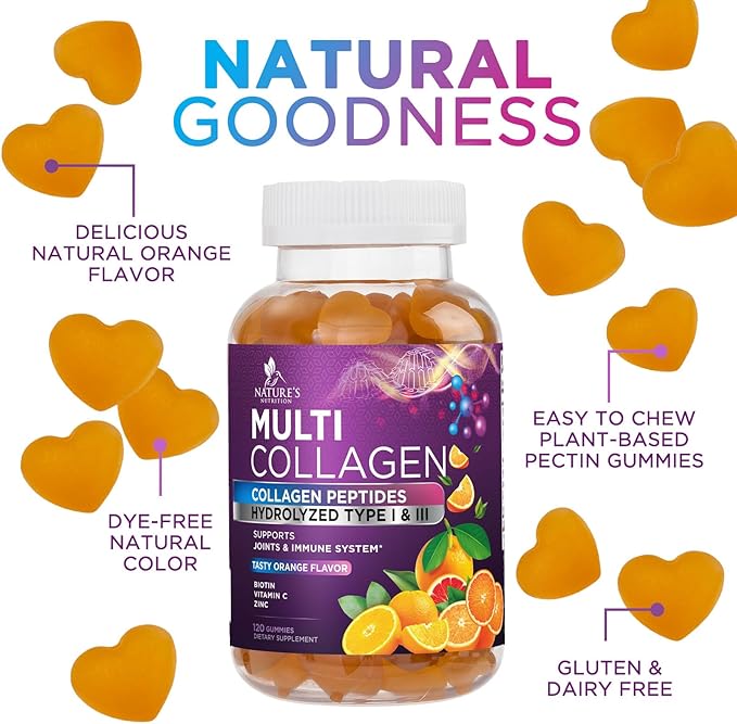 Collagen Peptides Gummies with 2500mcg Biotin Per Serving - Hair Growth, Skin & Nails Supplement - Hydrolyzed Collagen Multi Type I & III, Vitamin C for Immune Support, Orange Flavor, 120 Gummies