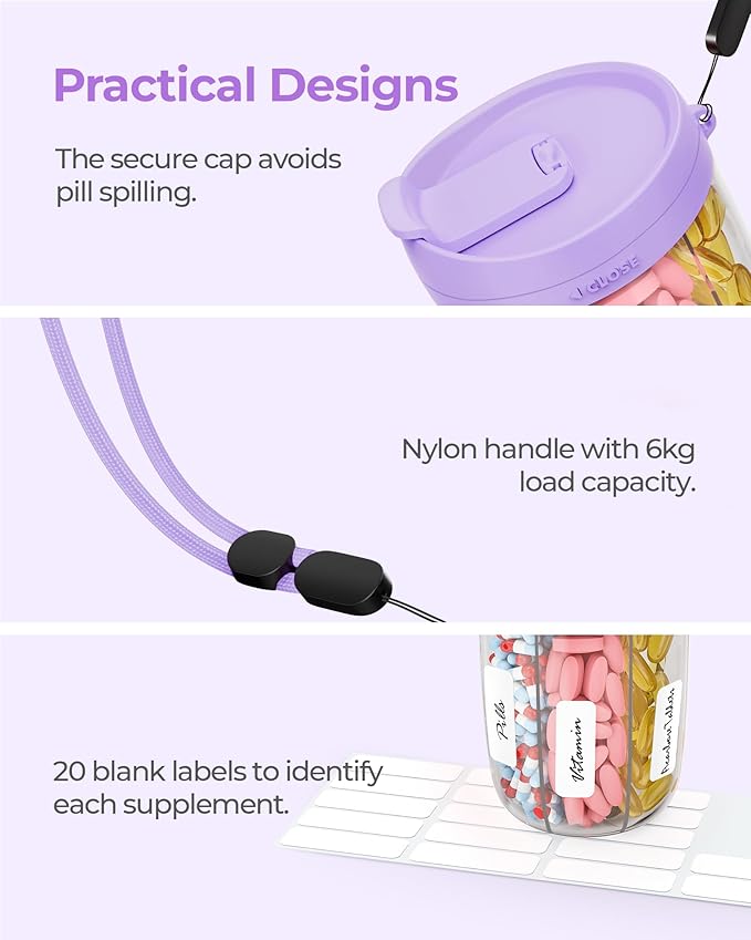 AMOOS Large Pill Dispenser with 6 Compartments, Anti-Mix Pill Bottle Organizer with Wide Opening & Easy Retrieval, Vitamin Organizer for Travel, BPA-Free Pill Box with a Strap, Purple