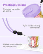 AMOOS Large Pill Dispenser with 6 Compartments, Anti-Mix Pill Bottle Organizer with Wide Opening & Easy Retrieval, Vitamin Organizer for Travel, BPA-Free Pill Box with a Strap, Purple