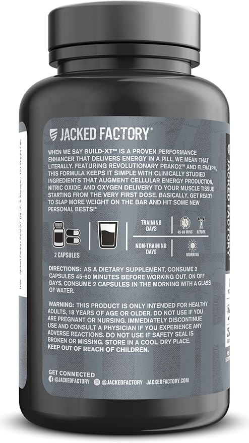 Jacked Factory Build-XT Daily Muscle Builder & Performance Enhancer - Muscle Building Supplement for Muscular Strength & Growth | Trademarked Ingredients Peak02, ElevATP, & Astragin - 120 Veggie Pills