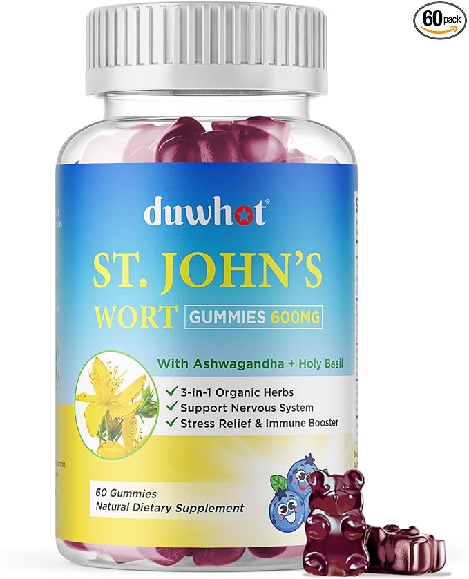 duwhot St John's Wort Gummies 600mg, 3 in 1 Organic Herbal Supplements for Stress Relief, Nervous System Support, with Ashwagandha & Holy Basil Extract for Adults & Kids, Non-GMO, Vegan, 60 ct.