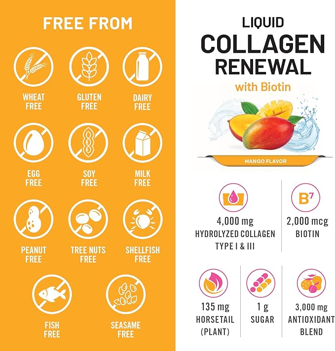 NatureWise Hydrolyzed Liquid Collagen for Women & Men 4000mg - No Added Sugar - Multi Collagen Peptides + Biotin + Vitamin C + Vitamin B Complex & Hyaluronic Acid - Mango - 15.22 fl oz[45 Day Supply]