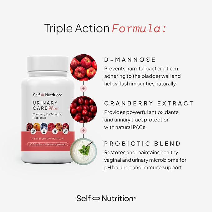 SELF NUTRITION UTI D Mannose with Cranberry & Probiotics for Women | 3 in 1 Supplement, Supports Urinary Tract Health & PH Balance | Effective & USA Made | Vegan, Non-GMO (60 Capsules)