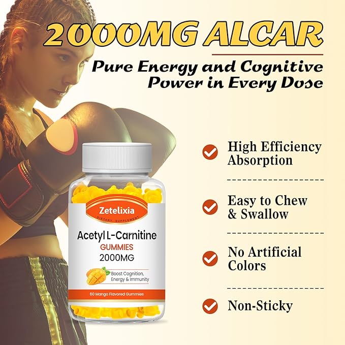 2 Pack Acetyl L-Carnitine Gummies, L-Carnitine Supplement for Women & Men, Nutrition Supplement for Boost Energy, Immunity & Brain Health, Vegan, Non-GMO, Mango Flavor, 120 Count