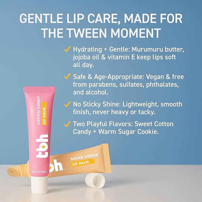 TBH Kids Lip Butter Balm for Kids | Vegan Tinted Lip Balm & Lip Gloss for Girls | Safe, Hydrating, Natural Tween Lip Care - Cotton Candy & Sugar Cookie Flavors