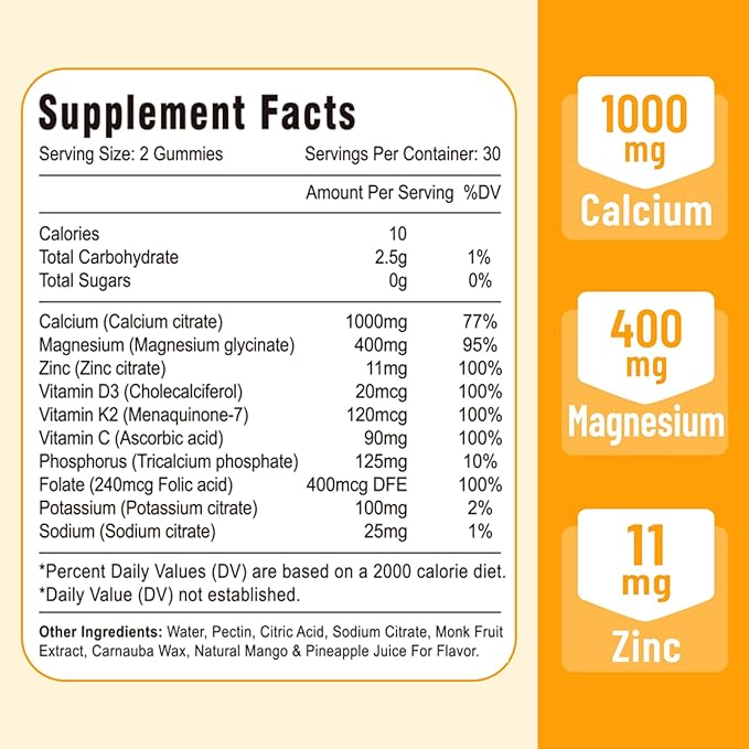 Calcium Magnesium Zinc Gummies with Vitamin D3 and K2, High Absorption Magnesium Glycinate Potassium for Immune and Calm Mood, Vegan Mango and Pineapple Flavor 120 Gummies