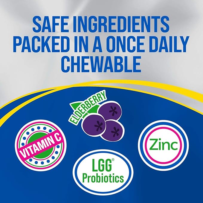 Culturelle Immune Defense Probiotic with Vitamin C,Vitamin D and Zinc + Elderberry,Non-GMO,4-in-1 Immune Support for Kids Ages 3+*,Mixed Berry Chewables,60 Count (Pack of 2)