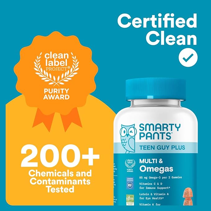 SmartyPants Teen Guy Plus Multi & Omegas Multivitamin Gummies with Omega 3 DHA/EPA, Vitamins D3, C, B12, B6, A, K, Zinc, Folate, Gluten Free, Clean Label, Pineapple Orange, 60 Gummies (30 Day Supply)