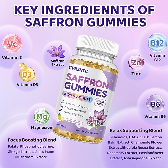 Saffron Gummies for Kids & Adults, 20-in-1 Saffron Supplements with 88.5mg Saffron Extract, B6, B12, C, D3, Magnesium for Calm, Focus, Nerve, Sugar Free, Vegan, Non-GMO - Pineapple Flavor, 120 Counts