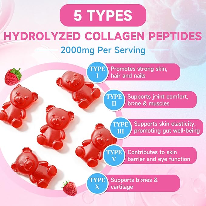 2 Pack Collagen Peptide Gummies for Women & Men, Collagen Protein Type I,II,III,V,X with Biotin Vitamin C, D, Hydrolyzed Collagen Supplement for Skin, Hair, Nails, Raspberry Flavor, 120 Count