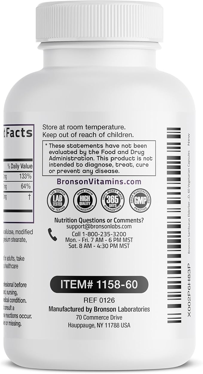 Bronson Sambucus Elderberry with Zinc & Vitamin C Triple Immune Support Complex Immune & Antioxidant Protection, Non-GMO, 60 Vegetarian Capsules