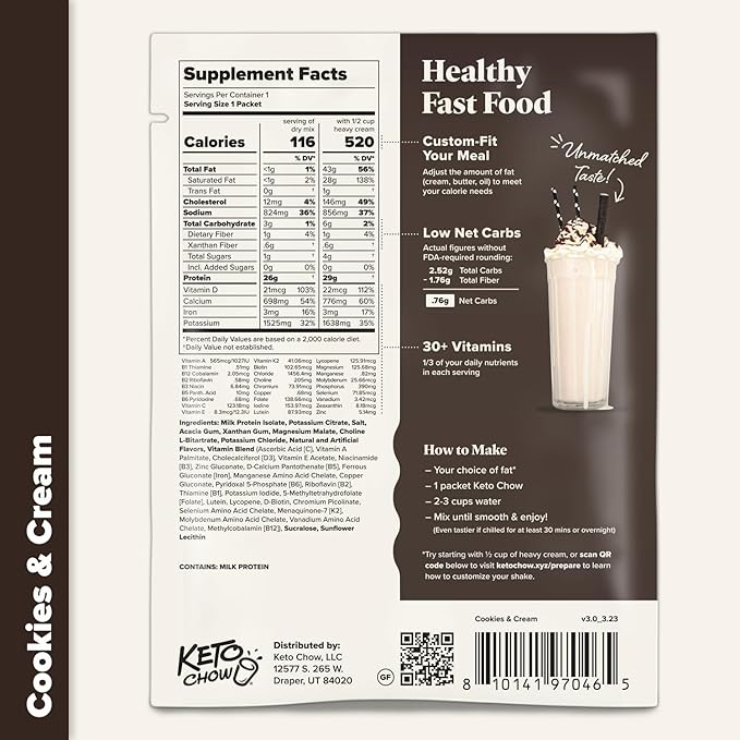 Keto Chow Cookies & Cream - Keto Meal Replacement Shake Powder - Nutritionally Complete - Low Carb - Delicious Easy Meal Substitute - Protein Rich You Choose The Fat - Single Meal Sample