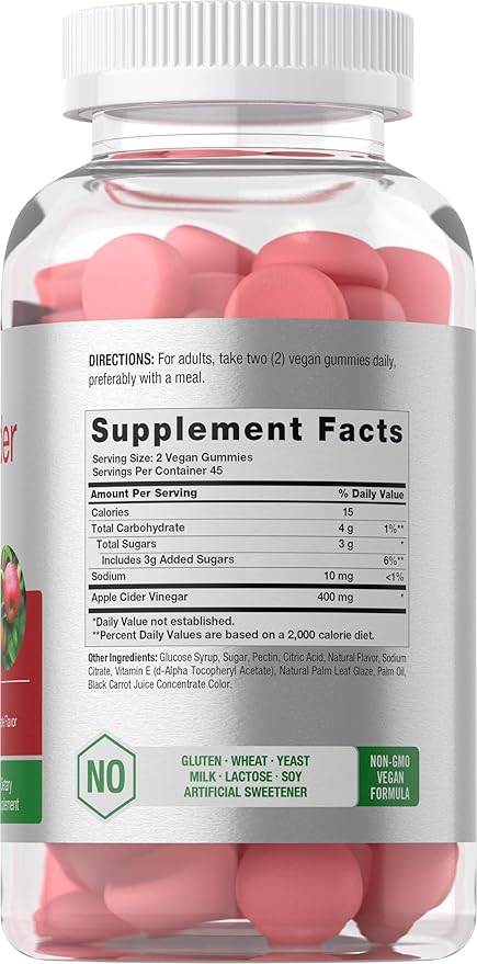 Horbäach Vegan Apple Cider Vinegar Gummies | 90 Count | ACV Supplement | Apple Flavor | Non-GMO, Gluten Free Gummies for Adults