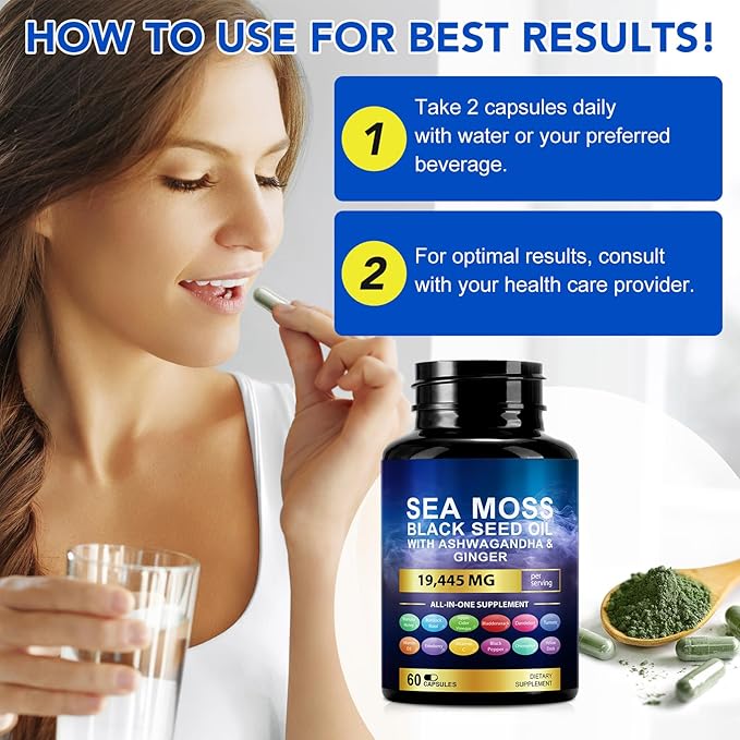 Sea Moss Black Seed Oil Ashwagandha Ginger Turmeric Capsules, Sea Moss Gummies Supplement with Burdock Root Bladderwrack Vitamin C Vitamin D3 Yellow Dock Iodine Chlorophyll ACV - 60 Count