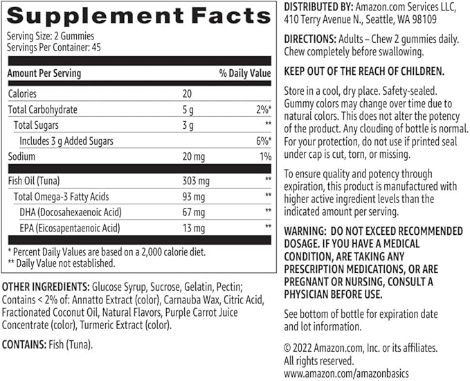 Amazon Basics Fish Oil 303 mg, Soft Chew Gummies, Lemon, Orange & Strawberry-Banana Flavors, 90 Count, EPA and DHA Omega-3 Fatty Acids (Previously Solimo)
