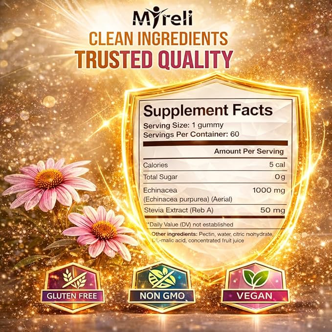 Echinacea 1000mg Gummies Supplement – Herbal Immune Formula, Botanical Antioxidant Blend, Vegan Plant Based, Non-GMO, Gluten Free, Chewable for Adults, Daily Wellness Option, 60 Count Bottle