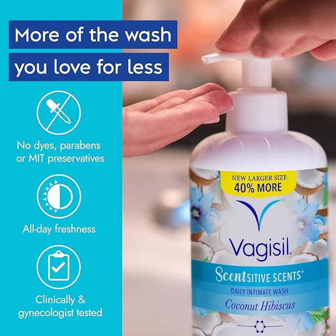 Vagisil Feminine Wash for Intimate Area Hygiene, Scentsitive Scents, pH Balanced and Gynecologist Tested, Coconut Hibiscus, 16.9 oz with Pump (Pack of 2)