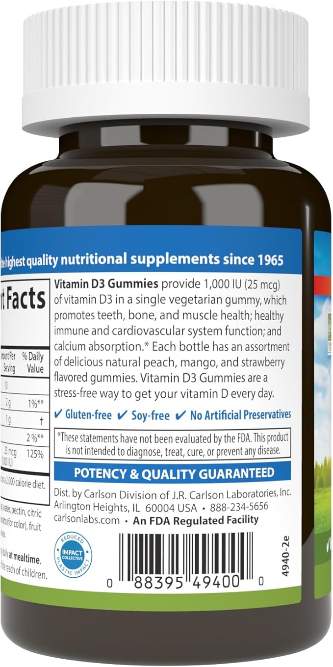 Carlson - Vitamin D3 Gummies, 1000 IU (25 mcg), Bone Health, Immune Support & Calcium Absorption, Natural Fruit Flavors, 60 Vegetarian Gummies