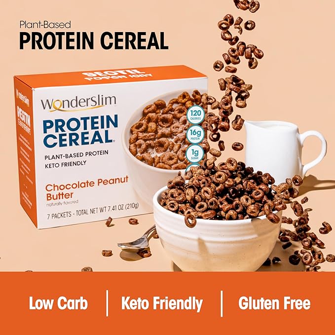 WonderSlim Protein Cereal, Chocolate Peanut Butter, Low Sugar, Gluten Free, Keto Friendly & Low Carb (7ct)