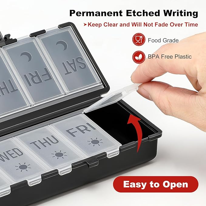 Foldable Pill Organizer 2 Times a Day w/Etched Labels -Dual Protection & Portable Weekly AM PM Pill Box, 7 Day Medicine Container, Large Travel Pill Case for Week Daily Supplement Vitamin - Black