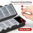 Foldable Pill Organizer 2 Times a Day w/Etched Labels -Dual Protection & Portable Weekly AM PM Pill Box, 7 Day Medicine Container, Large Travel Pill Case for Week Daily Supplement Vitamin - Black