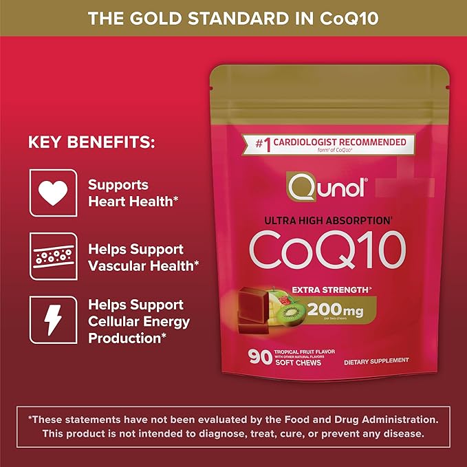 Qunol CoQ10 200mg Soft Chews,Extra Strength & Ultra High Absorption Coenzyme Q10 Supplement,#1 Cardiologist Recommended Supplement for Heart Health,90 Count (Pack of 2)