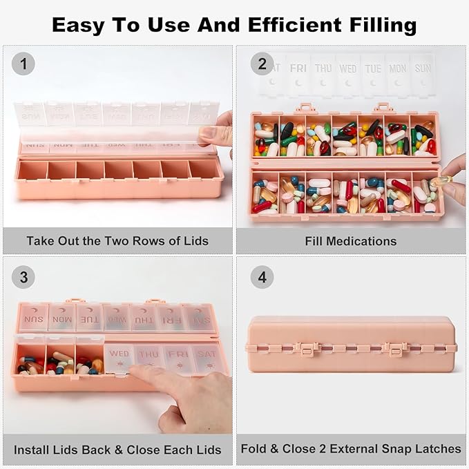 Foldable Pill Organizer 2 Times a Day w/Etched Labels -Dual Protection & Portable Weekly AM PM Pill Box, 7 Day Medicine Container, Large Travel Pill Case for Week Daily Supplement Vitamin - Pink