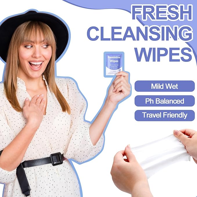 300 Pieces Feminine Wipes Individually Wrapped Women Travel Size Bulk Unscented Intimate Wipes Mild Private Parts Ph Balanced for Travel Bathroom Toilet Daily (Purple)