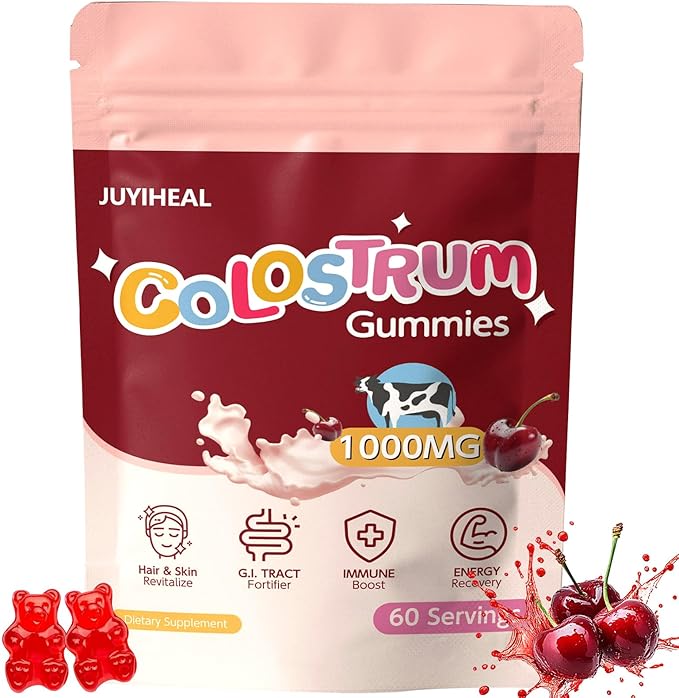 Colostrum Gummies, 1000 mg Grass Fed Colostrum Chews Colostrum Supplement for Gut Health, Hair Growth, Beauty, and Immune Support, Cherry Flavor 60 Servings