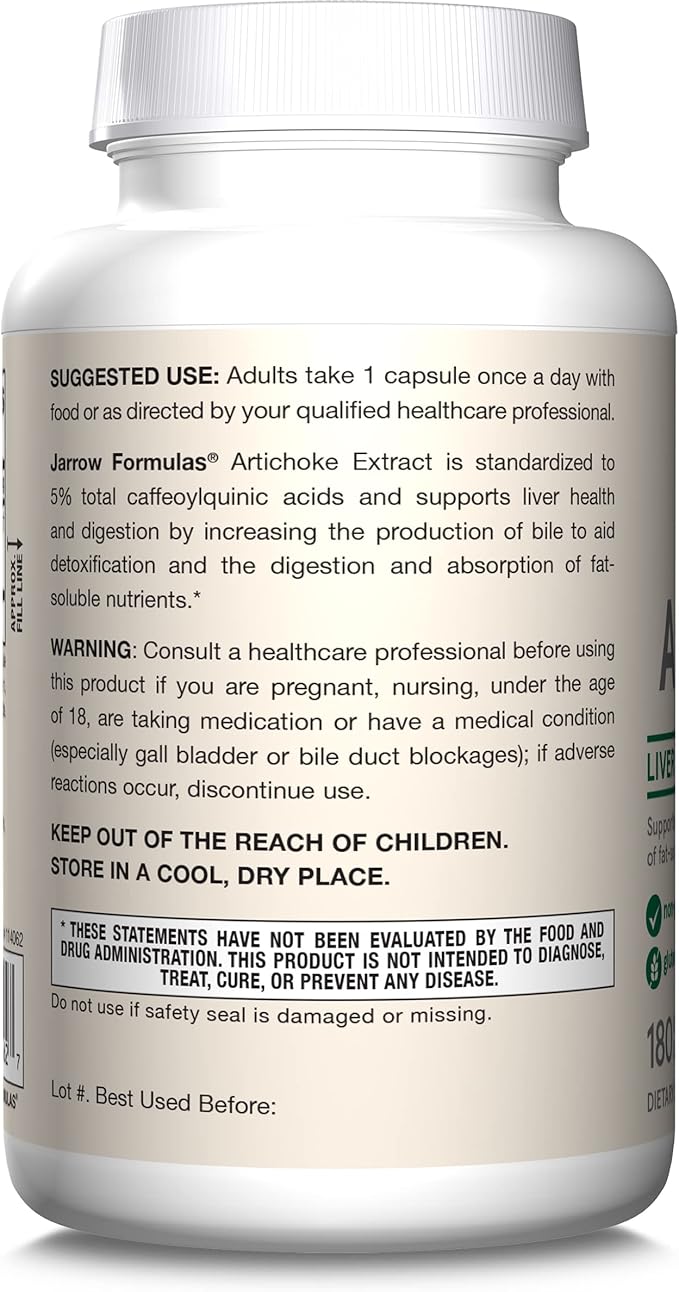 Jarrow Formulas Artichoke 500 mg - Standardized Artichoke Extract - 180 Servings (Veggie Caps) Support Liver Health & Digestion - Dietary Supplement - Non-GMO - Gluten Free - Vegan