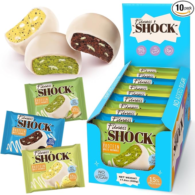 Fitness SHOCK Protein White Brownie Variety Pack - No Added Sugar, 7.5g Protein, Low Carb Dessert - Pistachio, Cookie Cream, Lemon Poppy - 0g Added Sugar, 10g Net Carbs - 10 x 50g